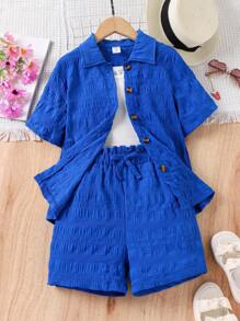 SHEIN 女大童素色吊帶上衣和紙袋腰短褲和前排扣襯衫 - 藍白色 - 查看 1