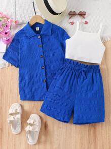 SHEIN 女大童素色吊帶上衣和紙袋腰短褲和前排扣襯衫 - 藍白色 - 查看 4