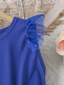 SHEIN 女大童荷葉邊星星網紗覆蓋繫腰帶洋裝 - 寶藍色 - 查看 4