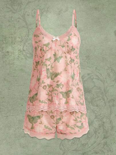 Butterfly Floral Print Contrast Lace PJ Set