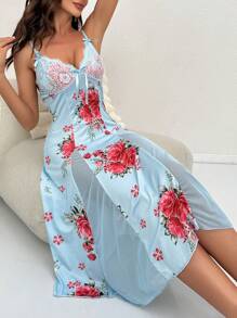 Floral Print Contrast Lace Cami Nightdress - Baby Blue - View 1
