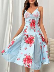 Floral Print Contrast Lace Cami Nightdress - Baby Blue - View 3