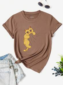 SHEIN LUNE Cartoon Cat Print Tee - Mocha Brown - View 1