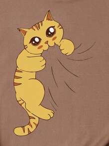 SHEIN LUNE Cartoon Cat Print Tee - Mocha Brown - View 3