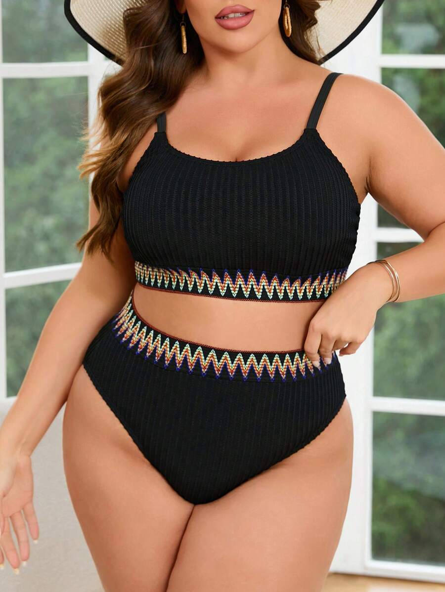 Swim Lushoire Summer Beach Plus Size Chevron Tape Bikini Set - Black - View 1