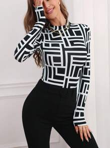 SHEIN Privé Geo Print Mock Neck Long Sleeve Tee - Black and White - View 4