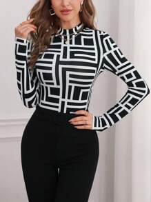 SHEIN Privé Geo Print Mock Neck Long Sleeve Tee - Black and White - View 6