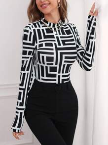 SHEIN Privé Geo Print Mock Neck Long Sleeve Tee - Black and White - View 7