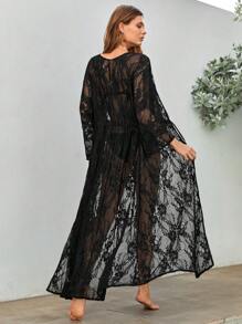 Bohemela Floral Lace Tie Front Kimono Without Bikini Set - Black - View 2