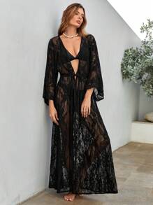 Bohemela Floral Lace Tie Front Kimono Without Bikini Set - Black - View 6