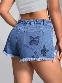 Plus Butterfly Print Ripped Raw Hem Denim Shorts - Medium Wash - View 2