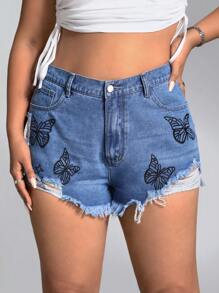 Plus Butterfly Print Ripped Raw Hem Denim Shorts - Medium Wash - View 4