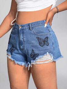 Plus Butterfly Print Ripped Raw Hem Denim Shorts - Medium Wash - View 5