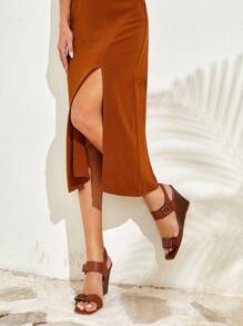 SheIn VCAY Xăng đan nữ có khóa trang trí, Xăng đan quai ngang mắt cá chân mùa hè thanh lịch - Cà phê nâu - Xem 5