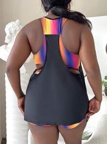 Slaydiva Summer Beach Plus Size Letter Graphic Tankini - Black - View 2