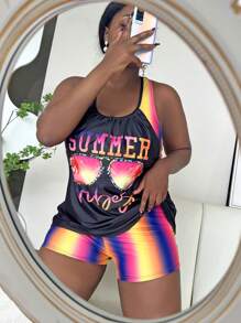 Slaydiva Summer Beach Plus Size Letter Graphic Tankini - Black - View 3