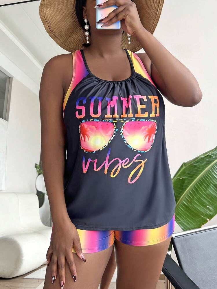 Summer Beach Plus Size Letter Graphic Tankini