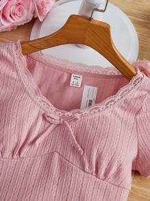 SHEIN Tops con gái Tương phản ren Nơ Bướm màu trơn Giải trí - Màu Hồng baby - Xem 3