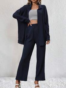 SHEIN Essnce Thả vai Áo sơ mi & Ống ngọn & Quần - Màu xanh hải quân - Xem 1