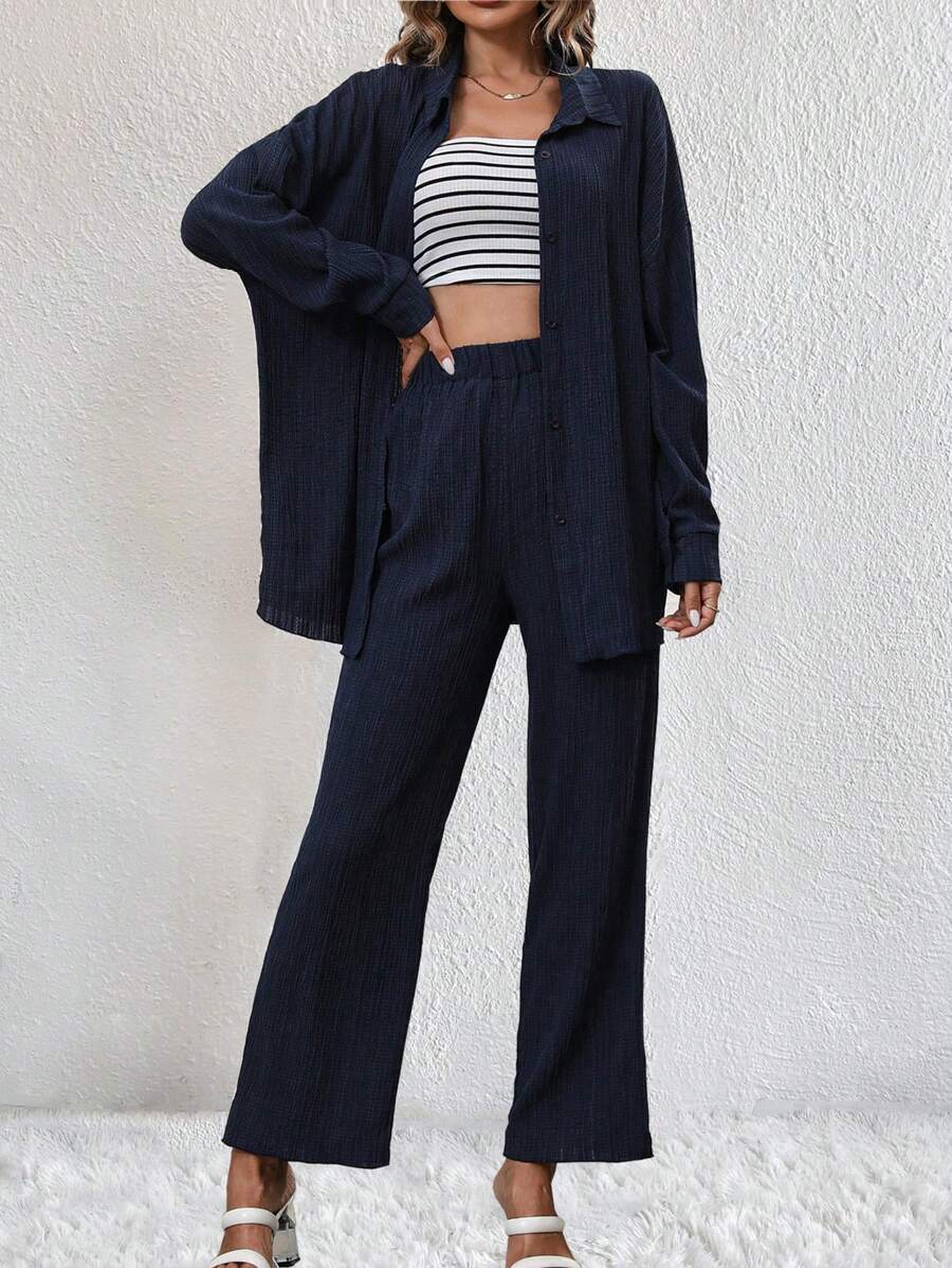 SHEIN Essnce Thả vai Áo sơ mi & Ống ngọn & Quần - Màu xanh hải quân - Xem 1