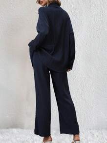 SHEIN Essnce Thả vai Áo sơ mi & Ống ngọn & Quần - Màu xanh hải quân - Xem 2