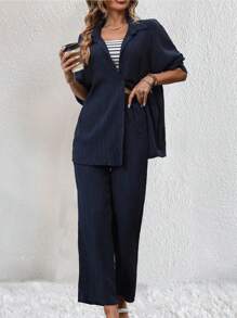 SHEIN Essnce Thả vai Áo sơ mi & Ống ngọn & Quần - Màu xanh hải quân - Xem 3