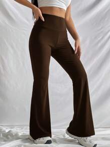 SHEIN EZwear 素色喇叭褲 - 棕色 - 查看 5