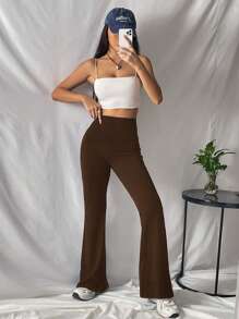 SHEIN EZwear 素色喇叭褲 - 棕色 - 查看 6