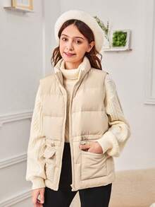 SHEIN 青少年女孩翻盖口袋抽绳腰背心加厚外套（不含毛衣） - 卡其色 - 查看 3