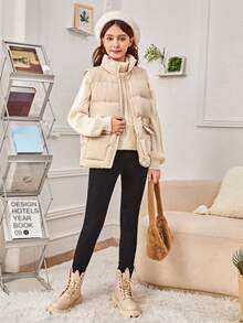 SHEIN 青少年女孩翻盖口袋抽绳腰背心加厚外套（不含毛衣） - 卡其色 - 查看 6