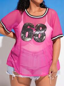 SHEIN CURVE+ Hơn Đồ họa Chữ cái Sọc trang trí Lưới Áo Không có áo ngực - Hồng - Xem 3