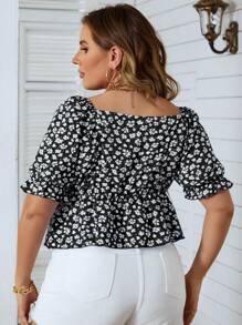 SHEIN Holidaya Plus Ditsy Floral Print Drawstring Front Peplum Blouse - Black - View 2