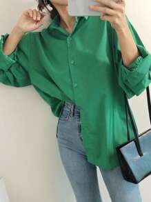 DAZY 單色落肩前扣襯衫 - 綠色 - 查看 6