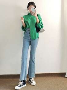 DAZY 單色落肩前扣襯衫 - 綠色 - 查看 4