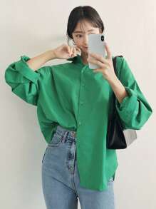 DAZY 單色落肩前扣襯衫 - 綠色 - 查看 3