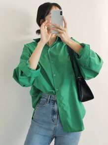 DAZY 單色落肩前扣襯衫 - 綠色 - 查看 7