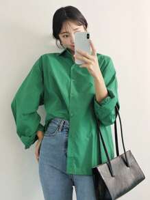 DAZY 單色落肩前扣襯衫 - 綠色 - 查看 9