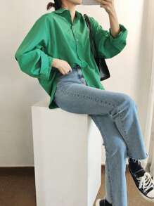 DAZY 單色落肩前扣襯衫 - 綠色 - 查看 13