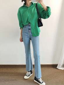 DAZY 單色落肩前扣襯衫 - 綠色 - 查看 14