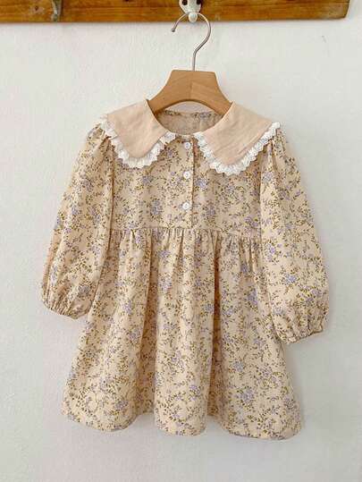 女小童碎花鏤空蕾絲花邊彼得潘領連衣裙