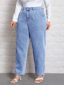 SHEIN LUNE 大碼高腰媽媽牛仔褲 - 淺色水洗藍 - 查看 4