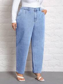 SHEIN LUNE 大碼高腰媽媽牛仔褲 - 淺色水洗藍 - 查看 5