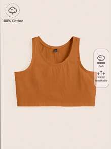 SHEIN BASICS Plus 純色短版背心 - 棕色 - 查看 1