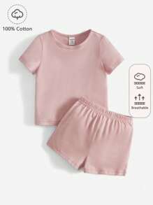 SHEIN Baby Boy  Solid Tee & Shorts - Baby Pink - View 1