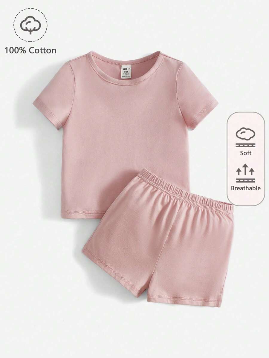 SHEIN Baby Boy  Solid Tee & Shorts - Baby Pink - View 1