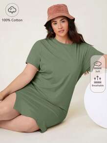 SHEIN BASICS 大碼素色下擺開叉T恤連衣裙 - 軍綠色 - 查看 1