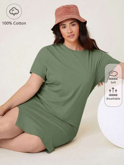 SHEIN BASICS 大碼素色下擺開叉T恤連衣裙