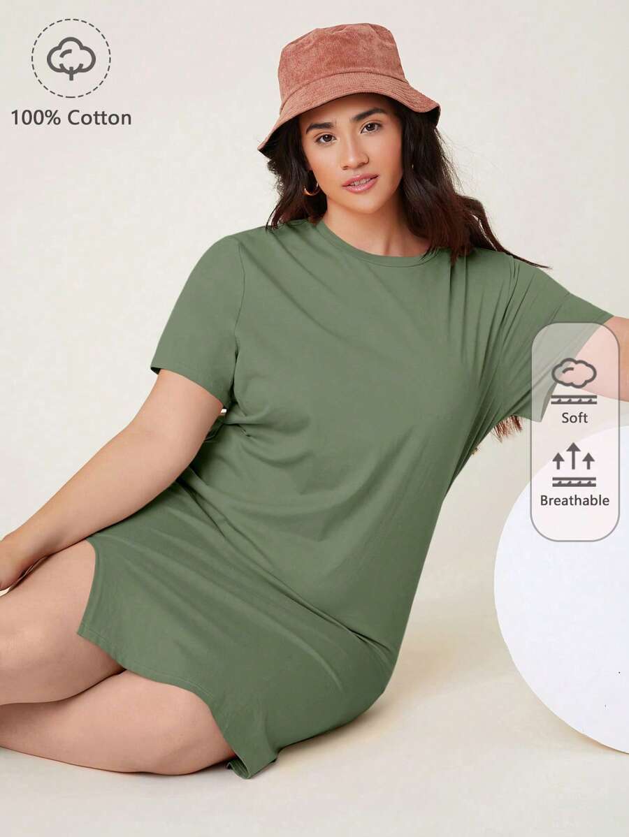 SHEIN BASICS 大碼素色下擺開叉T恤連衣裙 - 軍綠色 - 查看 1