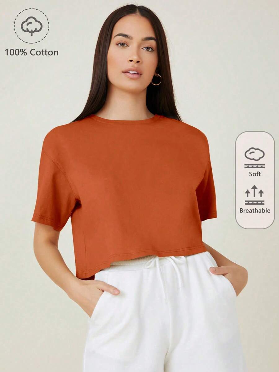 SHEIN BASICS Drop Shoulder Solid Crop Tee - Rust Brown - View 1