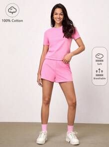 SHEIN BASICS Solid Round Neck Short Sleeve Tee & Shorts